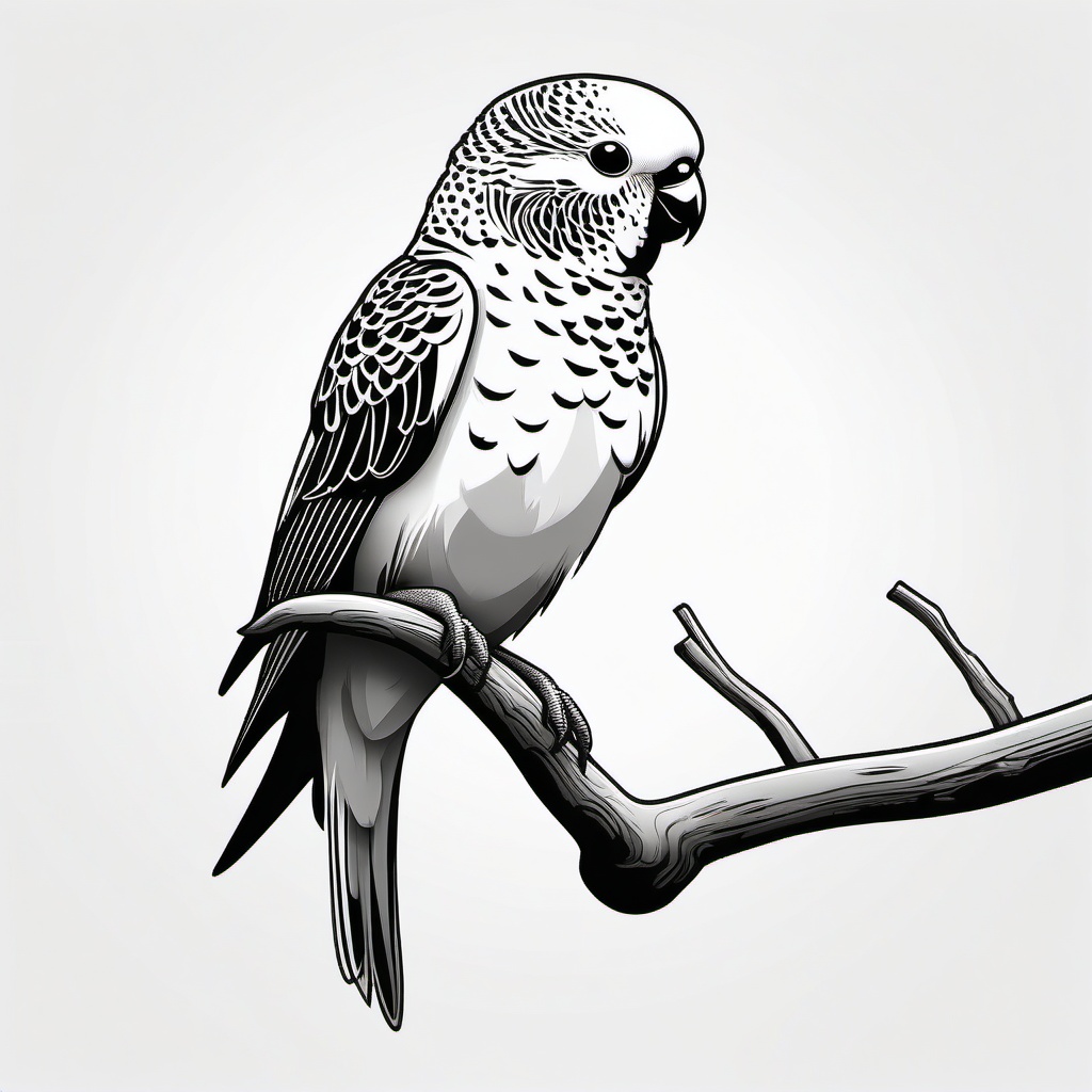 Budgerigar Tattoo - Playful budgerigar perched on a branch  few color tattoo design, simple line art, design clean white background