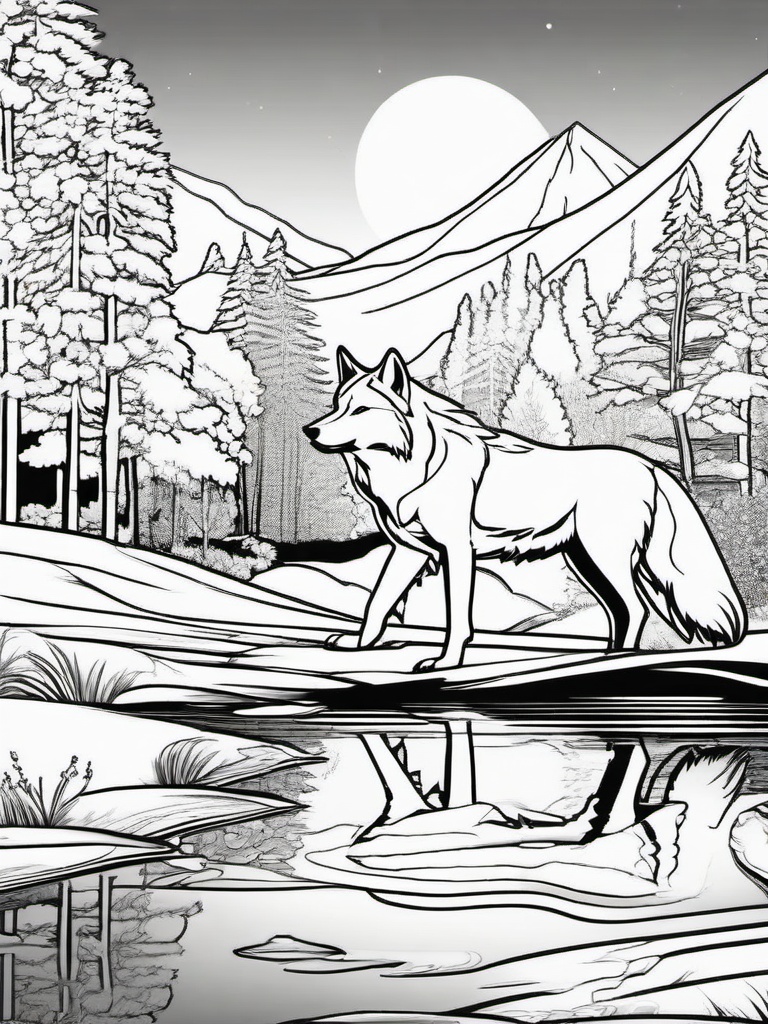 Wolf and River Coloring Pages - Wolf by a Sparkling River  minimal black outline printable sheet, coloring page