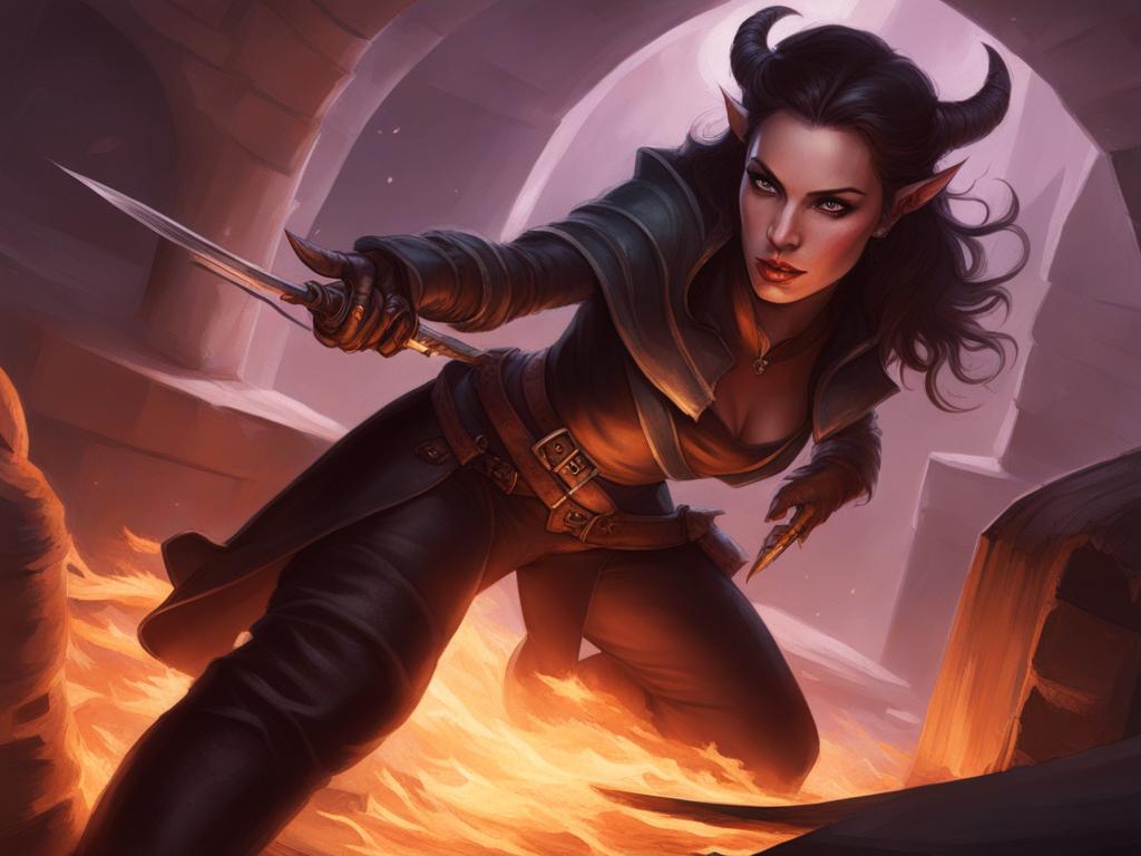 isolde emberfell, a tiefling rogue, is disarming a devious trap with nimble fingers. 