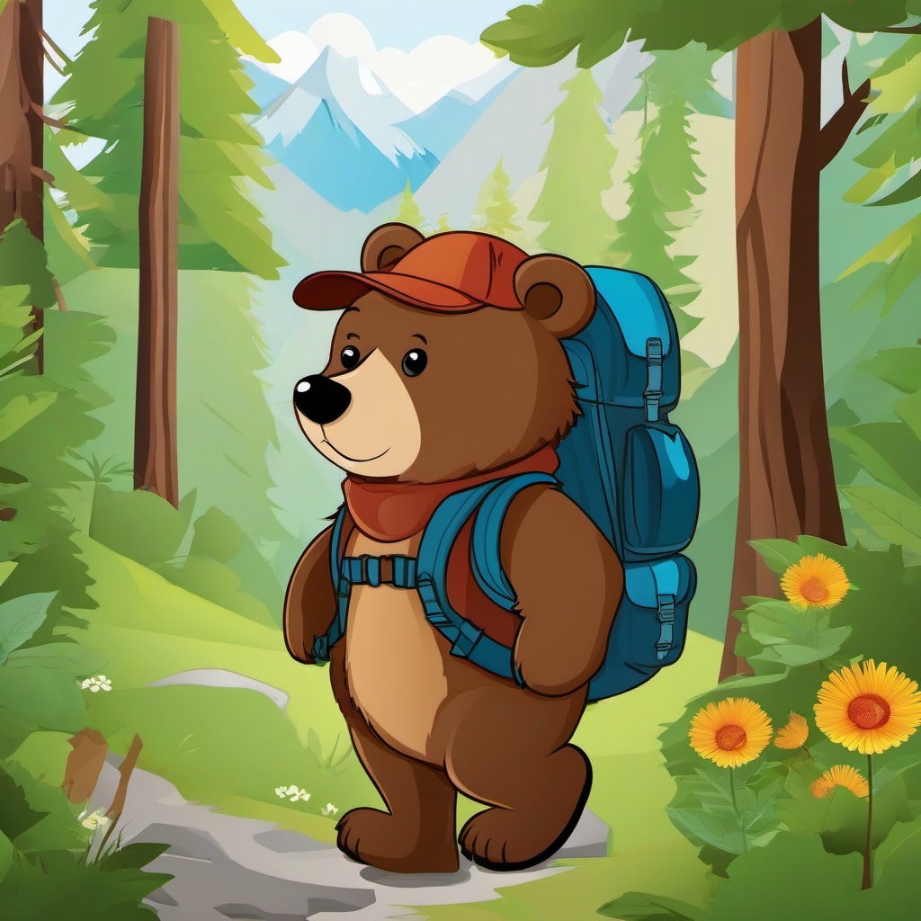 Bear clipart - bear with a backpack in a hiking scene  