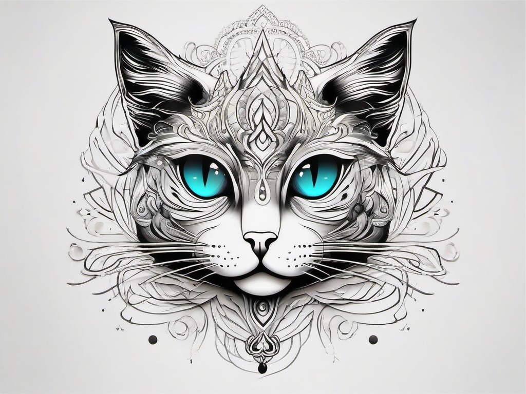 3 Eyed Cat Tattoo - Tattoo featuring a cat with three eyes for a unique and mystical design.  minimal color tattoo, white background