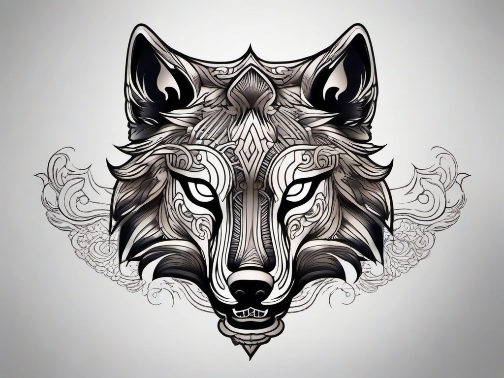 japanese wolf mask tattoo  simple color tattoo,white background,minimal