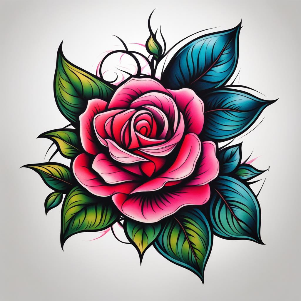 Neo traditional rose, Modern interpretations of traditional rose tattoos.  vivid colors, white background, tattoo design