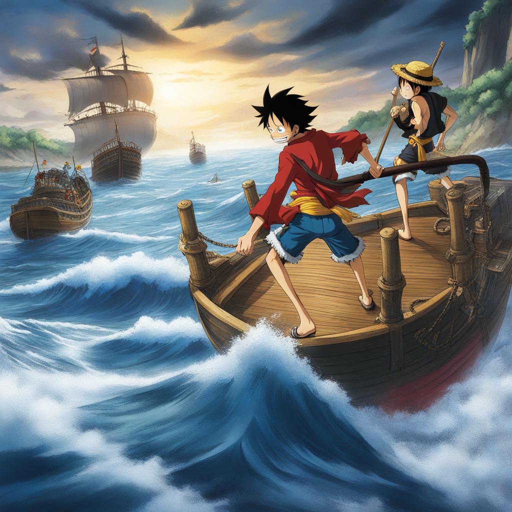 monkey d. luffy and the straw hat pirates navigate their ship through treacherous grand line waters. 