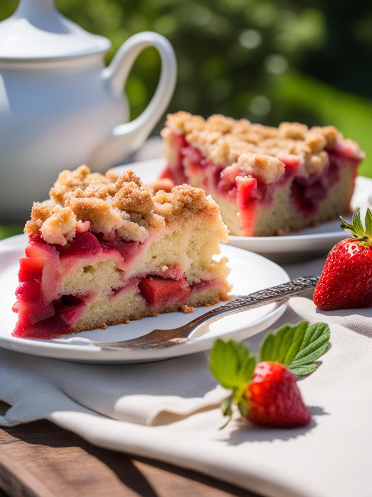 strawberry-rhubarb cake with a crumbly topping, devoured in a sunlit garden. 