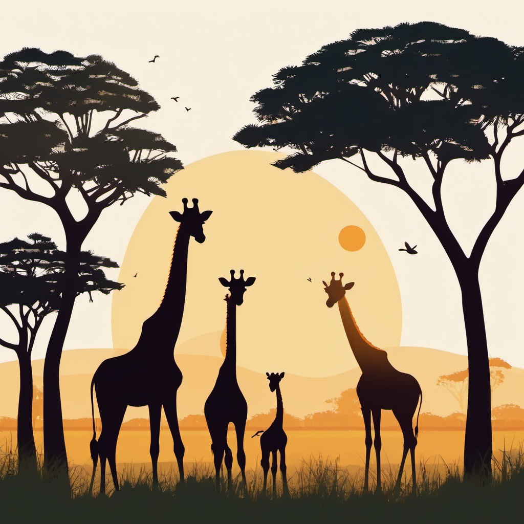 Giraffe Family Clip Art - Family of giraffes in the savanna,  color vector clipart, minimal style