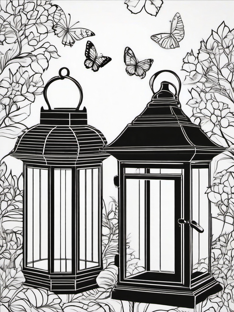 Butterfly and Lanterns Coloring Pages - Evening Scene with Butterflies and Lights  minimal black outline printable sheet, coloring page