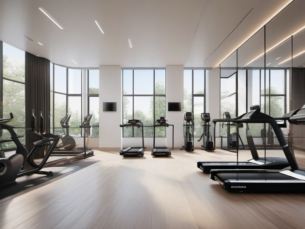 In the gym room, Bauhaus interior design includes minimalist workout equipment, an organized layout, and a soothing color scheme that enhances fitness activities in a calming environment.  