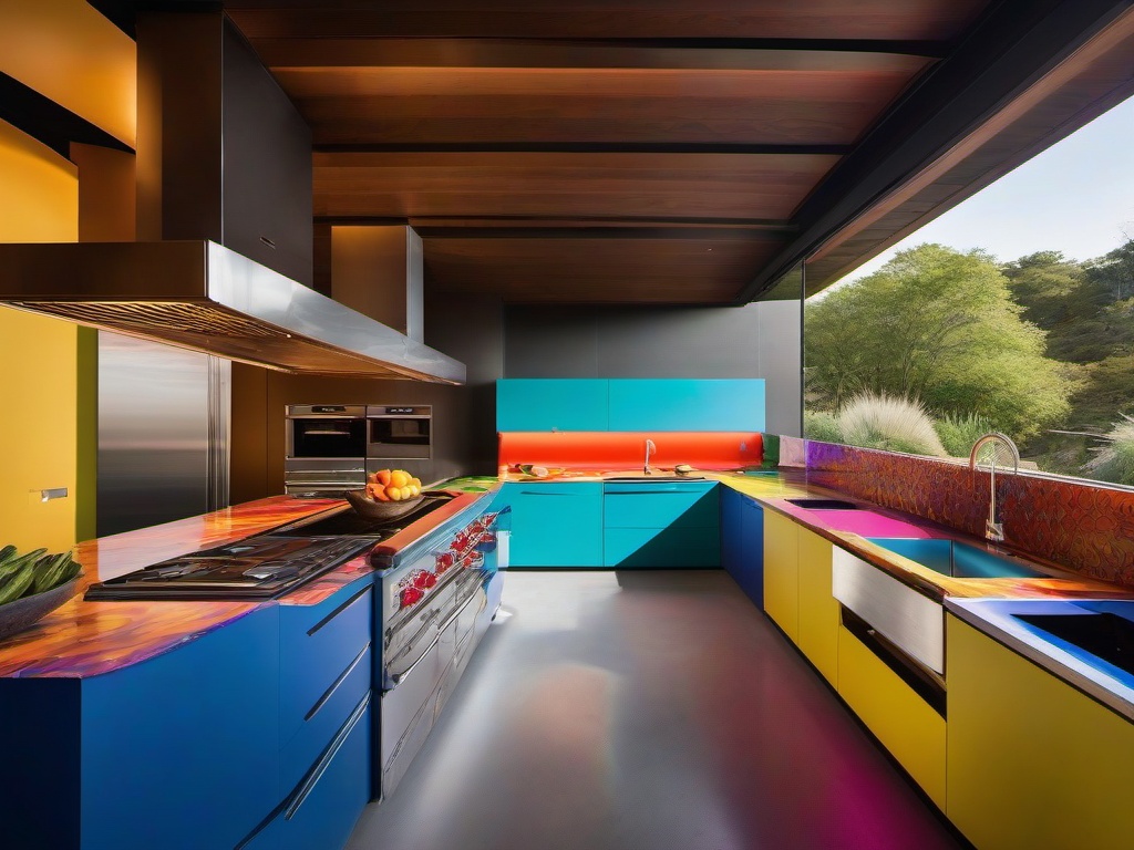 In the outdoor kitchen, psychedelic interior design showcases colorful appliances, whimsical decorations, and a creative layout that elevate cooking and entertaining experiences in a unique setting.  