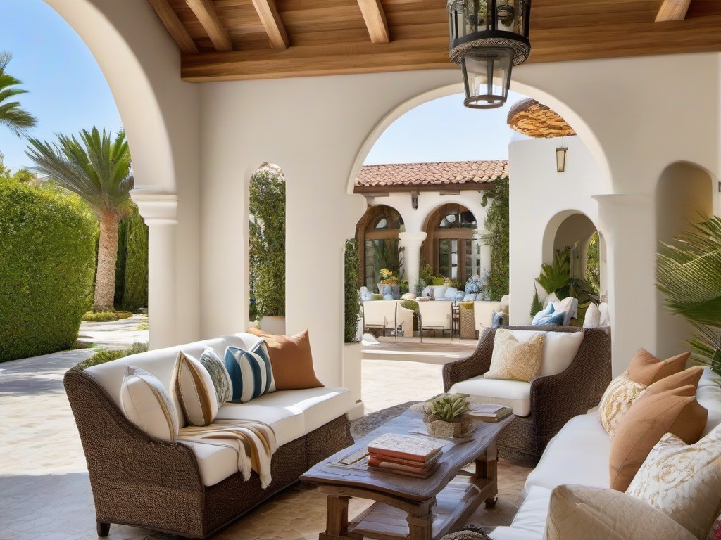 Mediterranean living room draws inspiration from coastal villas with arched entryways, vibrant mosaic tiles, and plush white seating that evokes a breezy, sun-drenched atmosphere.  