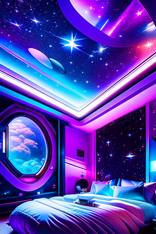 space station bedroom with a holographic starry ceiling and astronaut-inspired decor. 