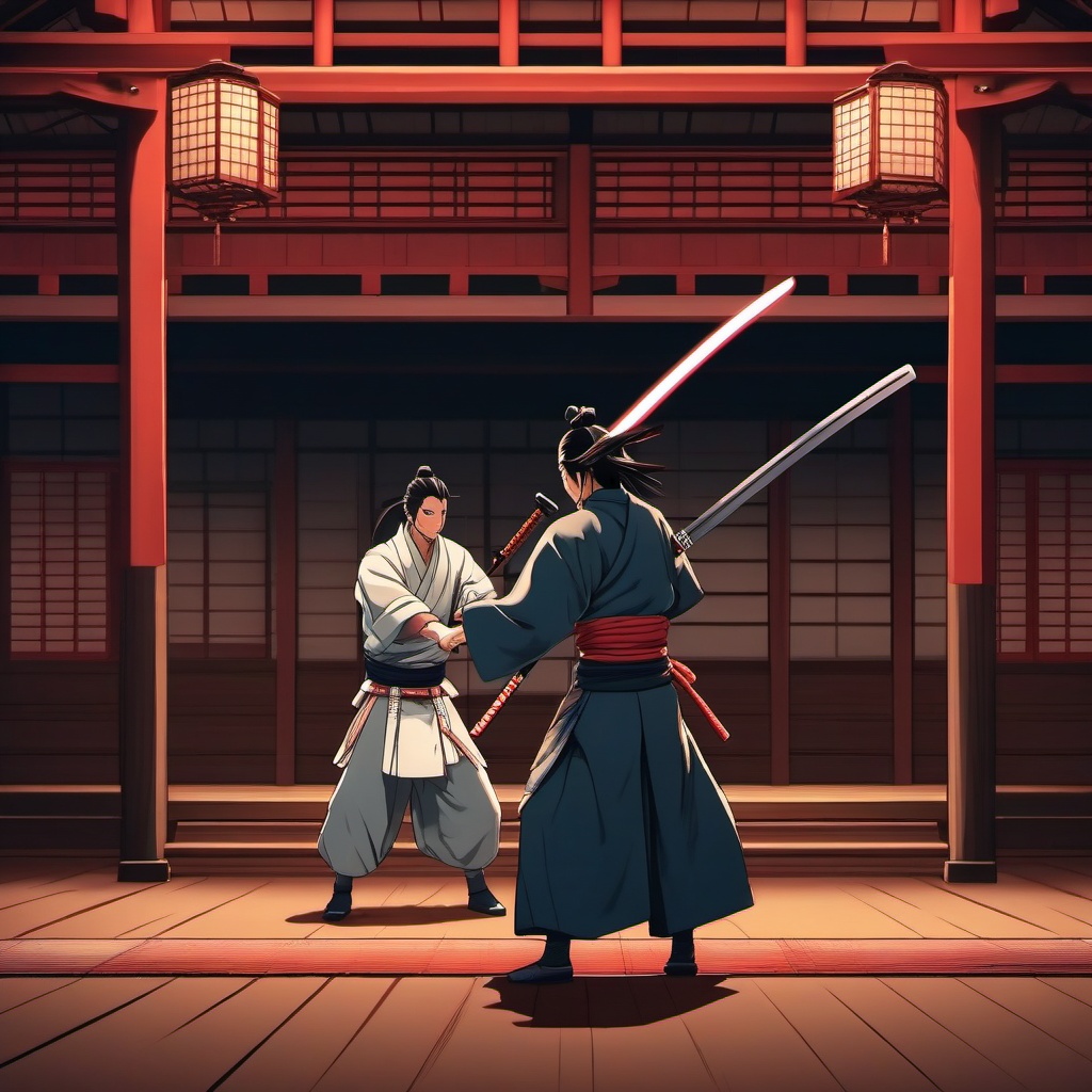 Skilled samurai and skilled samurai companion, in a traditional Japanese dojo, engaging in a fierce sword duel with formidable opponents, as a matching pfp for friends. wide shot, cool anime color style