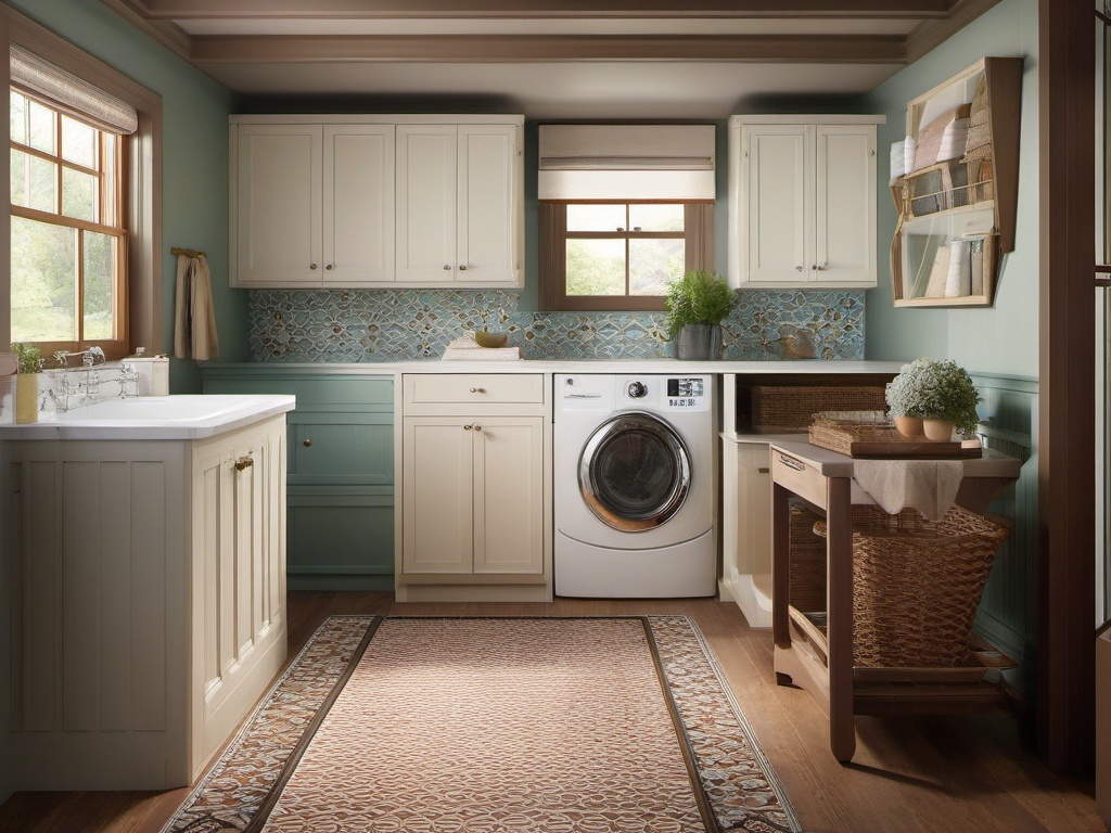 Vintage laundry room incorporates retro appliances, patterned tiles, and nostalgic decor, creating a warm and inviting space for laundry chores.  