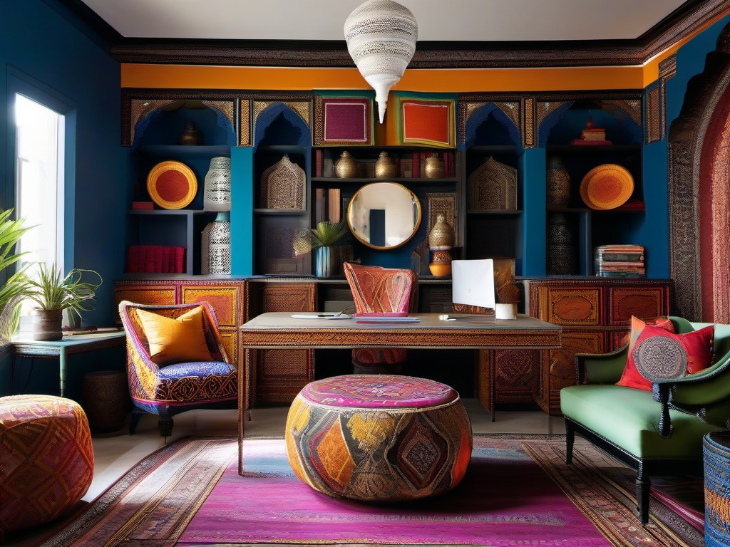 Moroccan home office dazzles with vibrant textiles, intricate patterns, and unique furniture, creating an exotic and inspiring workspace.  