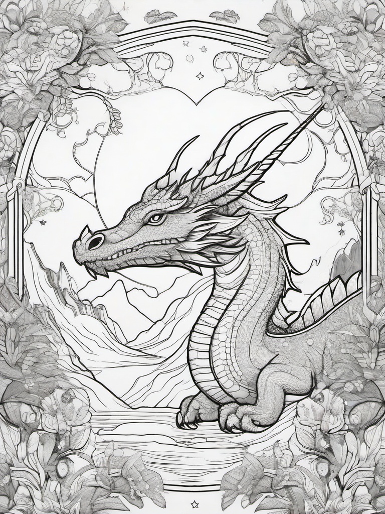 Fantasy Dragon Coloring Pages - Enchanted Dragon in a Magical Realm  minimal black outline printable sheet, coloring page