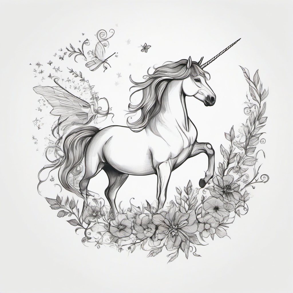 drawing of a unicorn and a fairy  minimal rough sketch scribbles,doodles,black and white