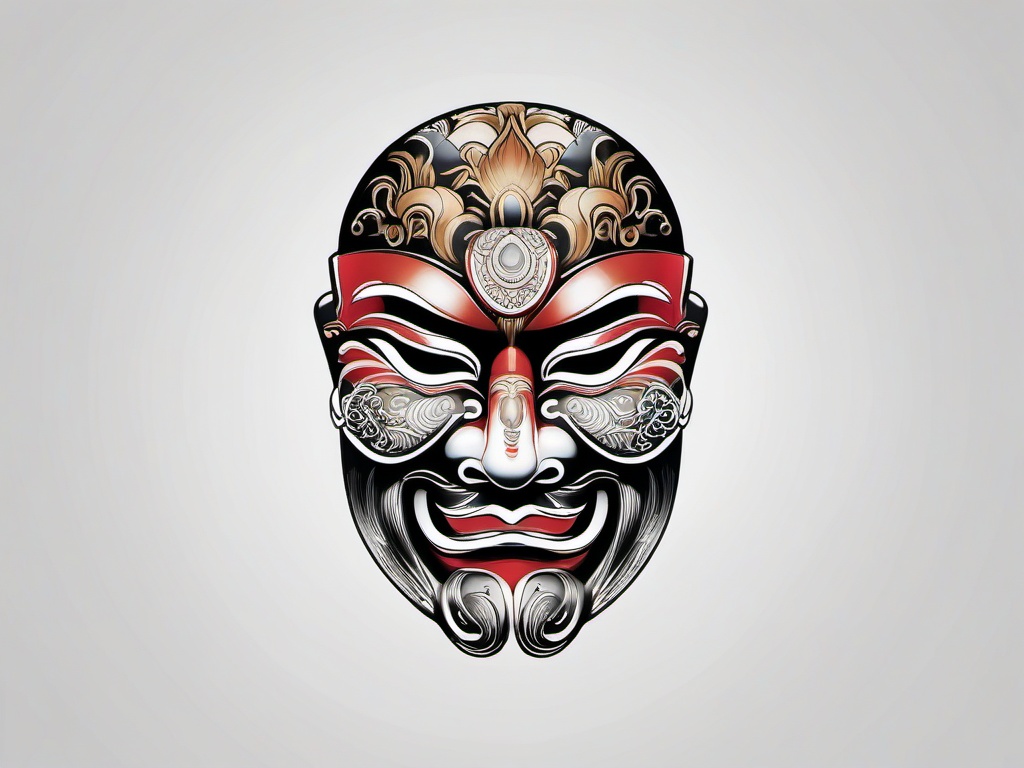 japanese noh mask tattoo  simple color tattoo,white background,minimal