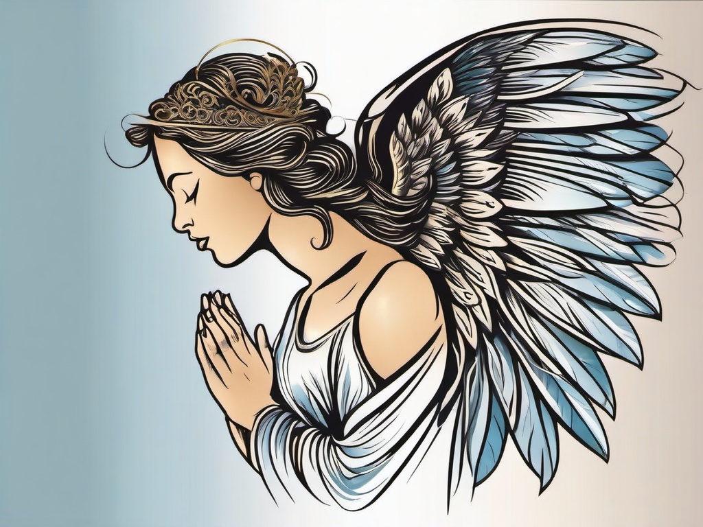 Angel Tattoo Praying-Celebrating faith and devotion with an angel tattoo praying, symbolizing spiritual connection, protection, and divine grace.  simple vector color tattoo