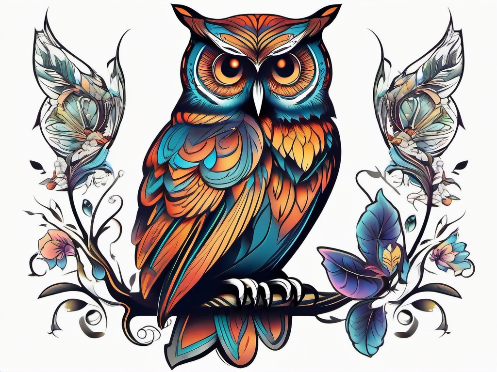 Butterfly and Owl Tattoos - Blend nature's beauty with butterflies and owls in a captivating tattoo.  simple color tattoo,vector style,white background