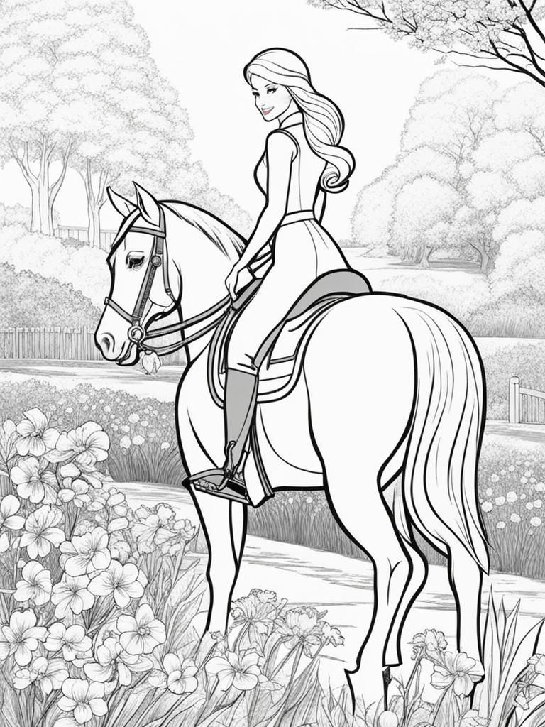 barbie coloring pages - barbie goes horseback riding through a blooming spring garden. 