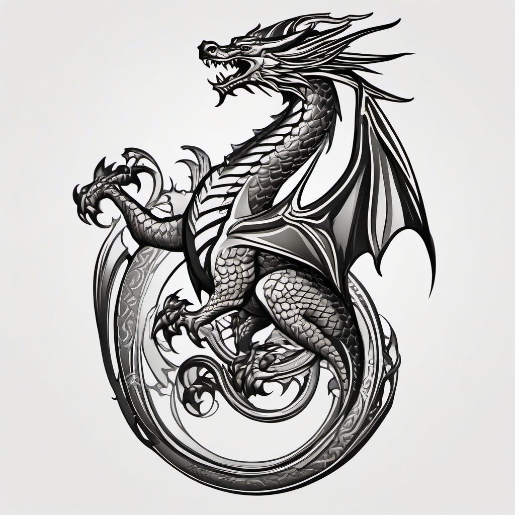 Medieval Dragon Tattoo - Dragon tattoos with a medieval or fantasy-inspired aesthetic.  simple color tattoo,minimalist,white background