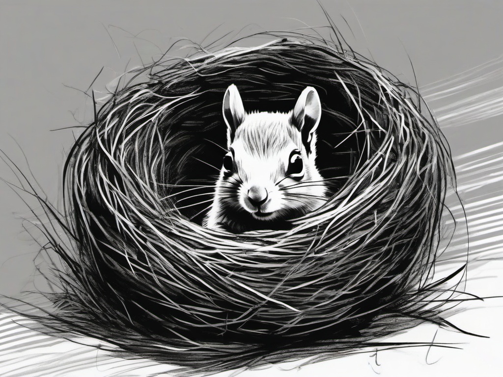 drawing of a baby squirrel in a nest  minimal rough sketch scribbles,doodles,black and white