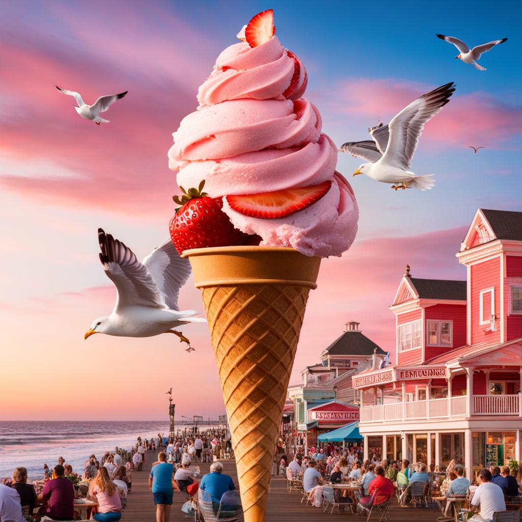 strawberry swirl ice cream savored by a seaside boardwalk, with seagulls soaring above. 