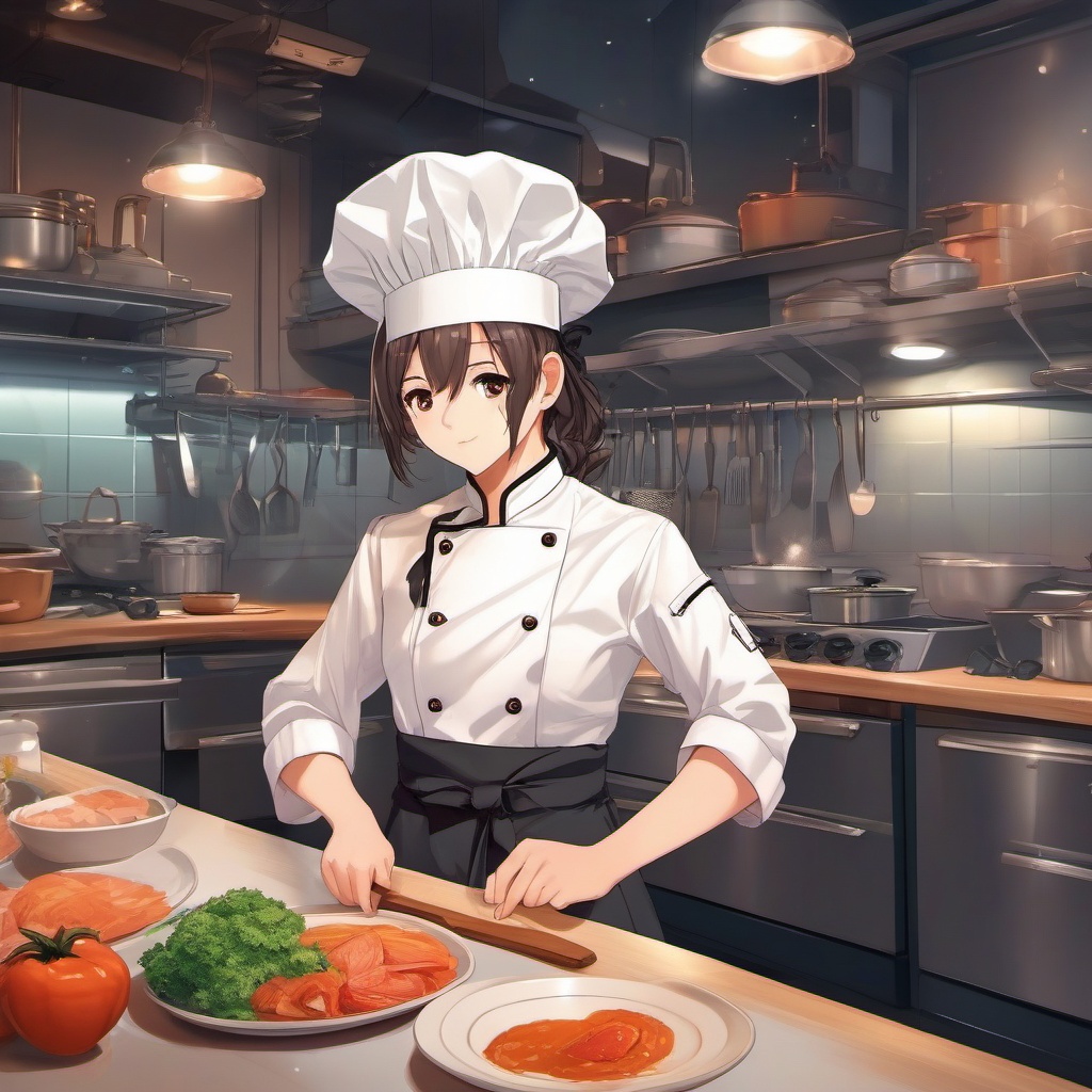 Adorable anime chef in a bustling kitchen.  front facing ,centered portrait shot, cute anime color style, pfp, full face visible