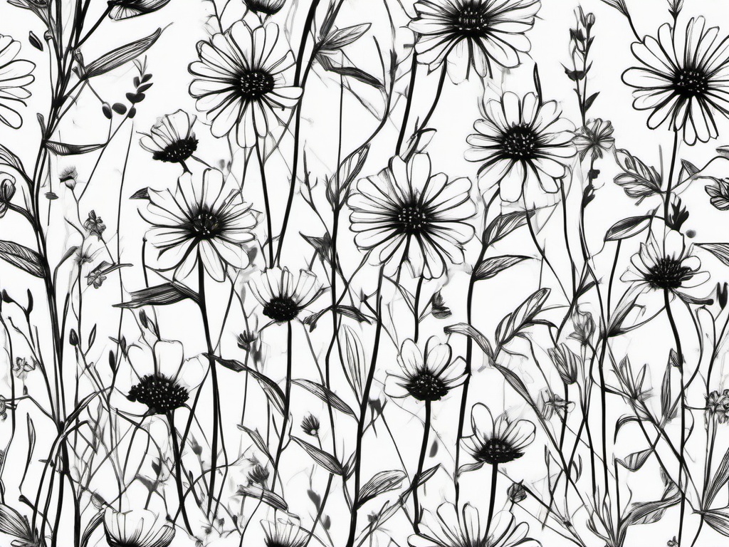 drawing of wildflowers swaying in the breeze  minimal rough sketch scribbles,doodles,black and white