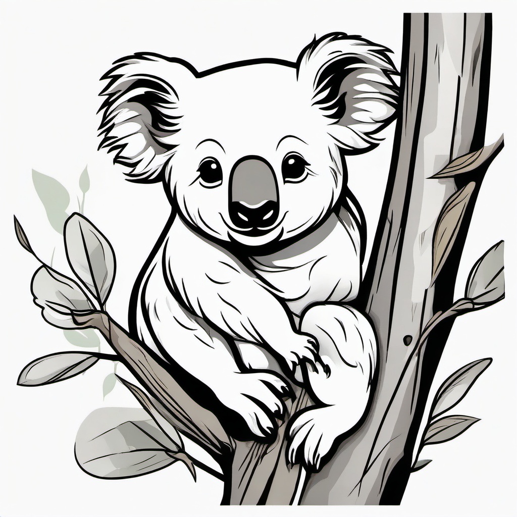 Koala Tattoo - Cute koala clinging to a eucalyptus tree, an emblem of comfort  few color tattoo design, simple line art, design clean white background