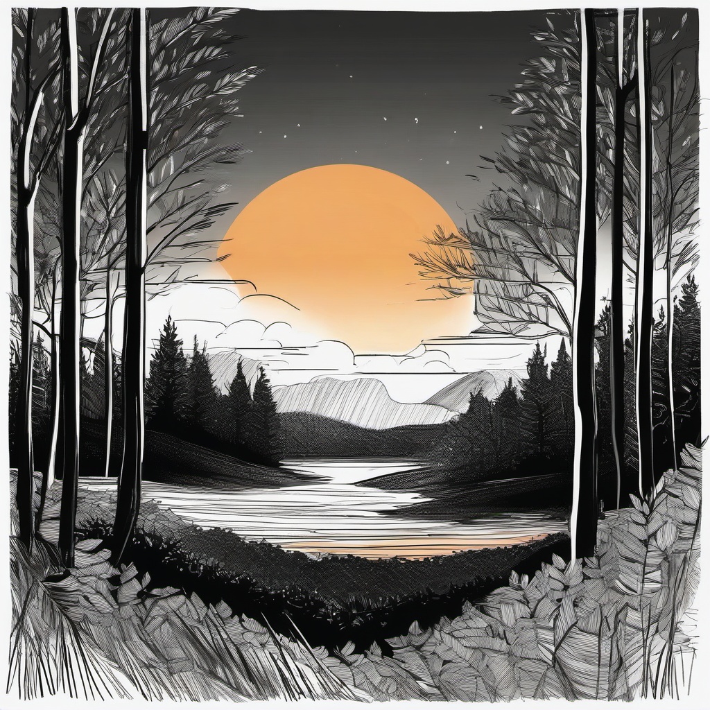 drawing of a sunset over a forest  minimal rough sketch scribbles,doodles,black and white