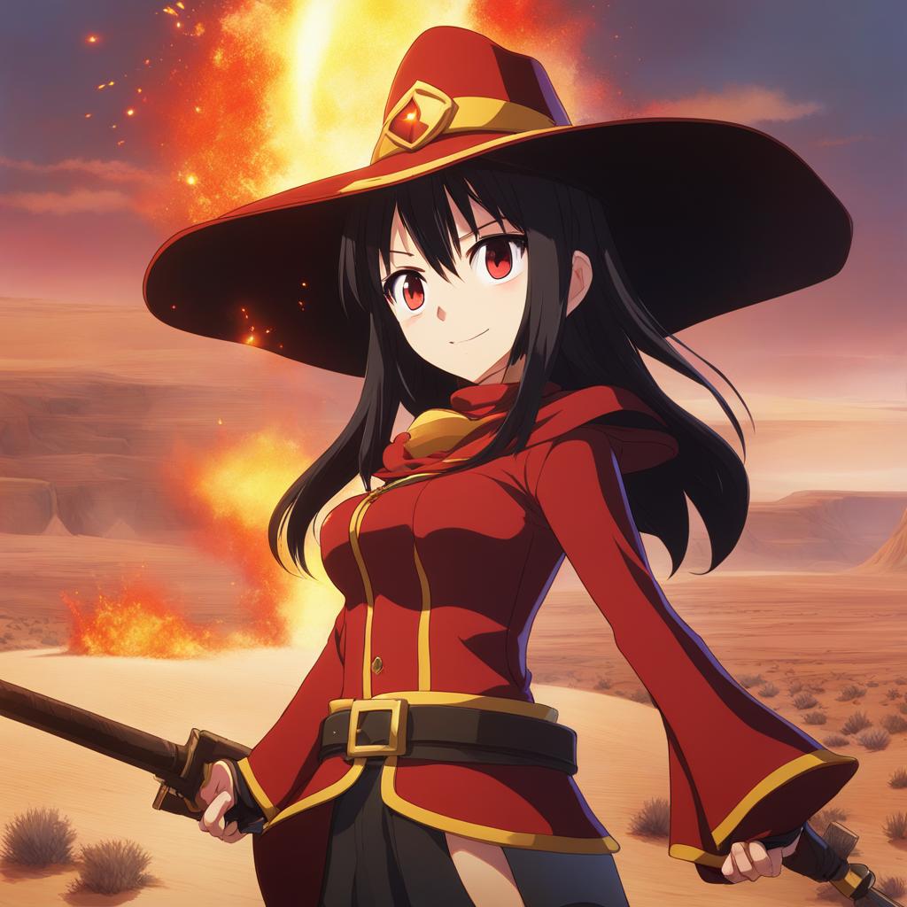 megumin - obliterates towering monsters in a desert oasis with her fiery explosions. 