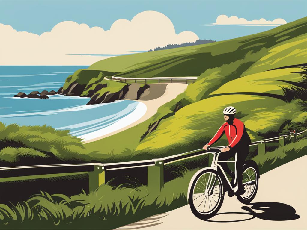 bike clipart: riding along a scenic coastal path. 