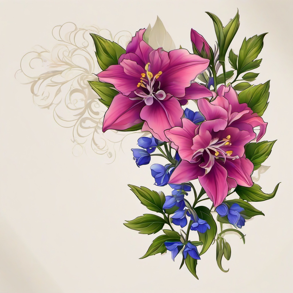 July Flower of the Month Tattoo-Celebrating the month of July with a flower of the month tattoo, featuring the larkspur bloom, symbolizing happiness and love.  simple vector color tattoo