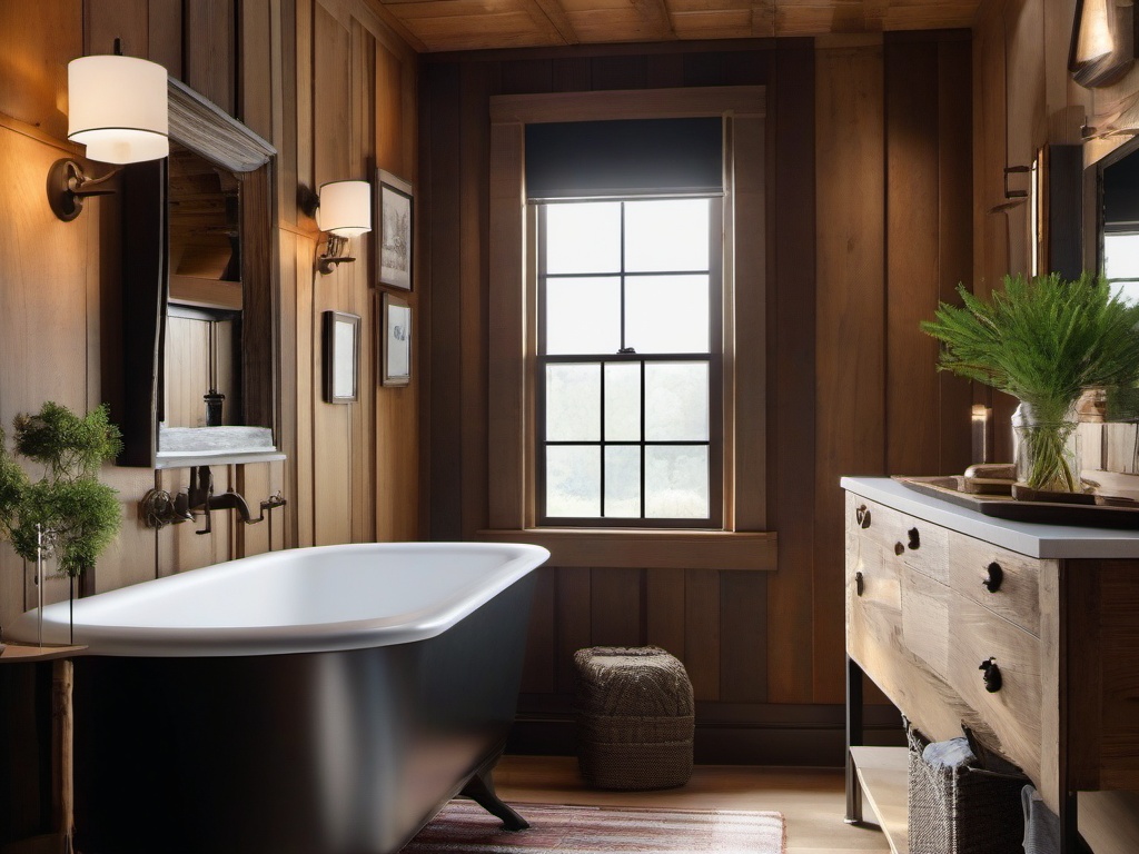 A small bathroom designed with rustic interior design highlights a vintage sink, wood paneling, and natural elements that elevate the space into a stylish and functional retreat.  