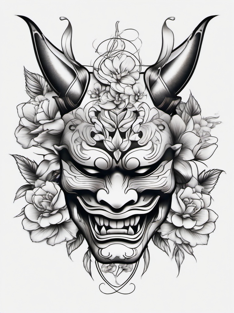 Hannya Mask with Flowers - Incorporates the expressive Hannya mask with the elegance of flowers in tattoo art.  simple color tattoo,white background,minimal