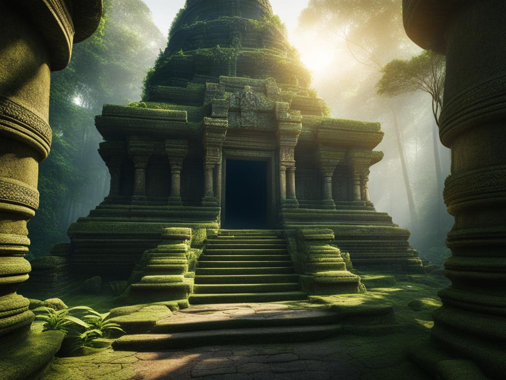 Ancient temple hidden deep within a jungle, ray tracing, hyper-detailed, professional photography
