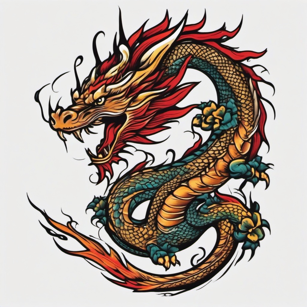 Traditional Dragon Tattoo Flash - Flash art style tattoo featuring a traditional dragon.  simple color tattoo,minimalist,white background