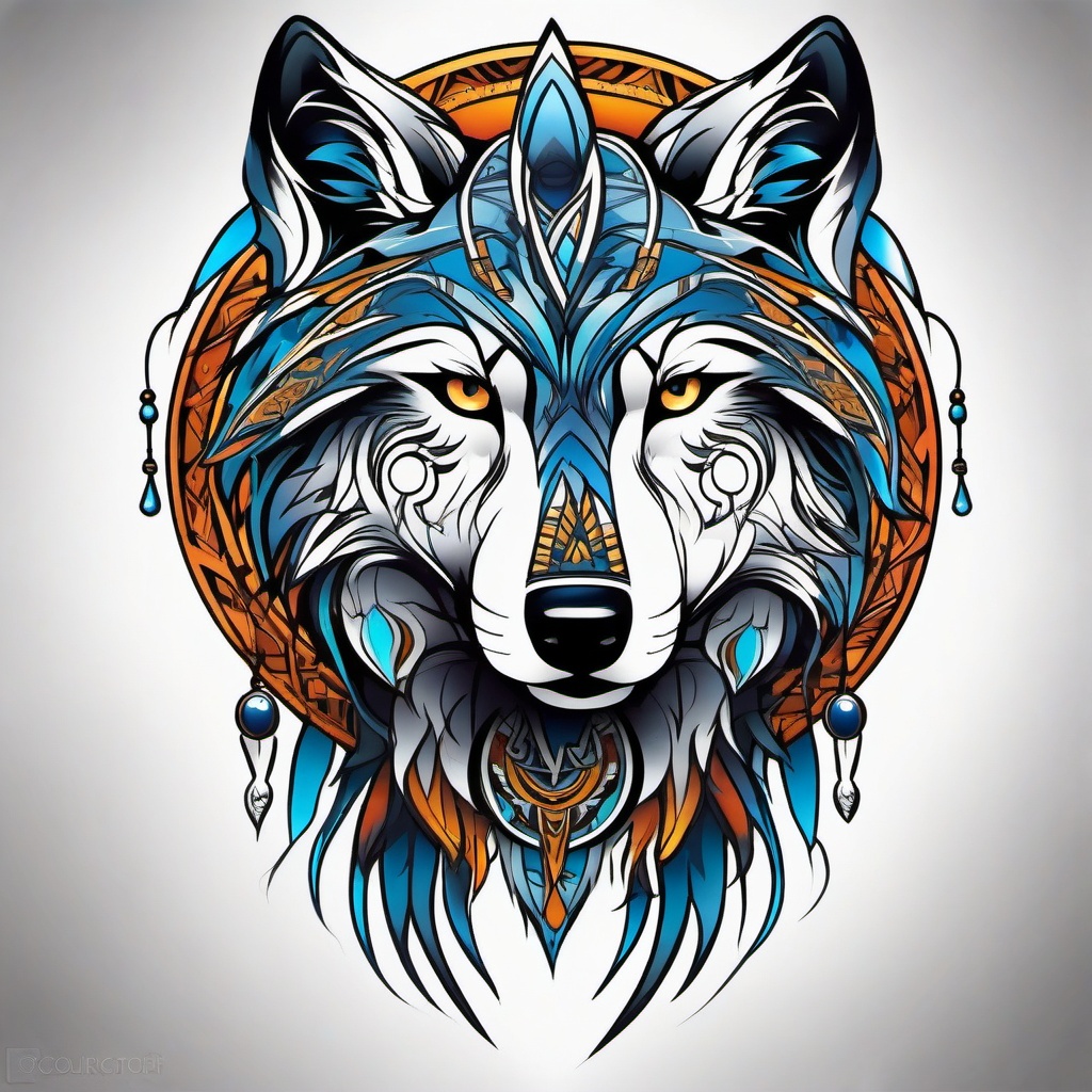 Spirit Tribal Wolf Tattoo,tattoo showcasing a wolf imbued with spiritual tribal elements, symbolizing unity and mysticism. , color tattoo design, white clean background