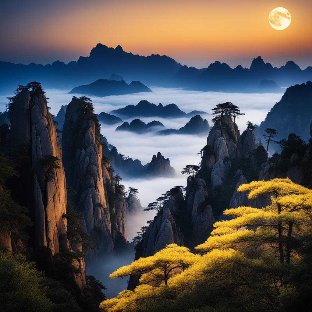 huangshan - illustrate the dreamlike night view of huangshan, or yellow mountain, with its iconic granite peaks, twisted pines, and sea of clouds illuminated by the moon. 