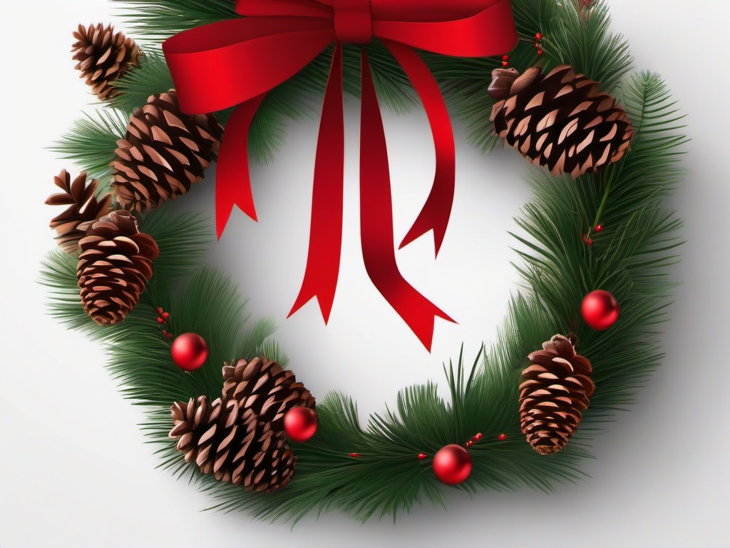 Christmas wallpaper - Minimalist Christmas wreath with pine cones and a red ribbon on a white background  aesthetic background wallpaper