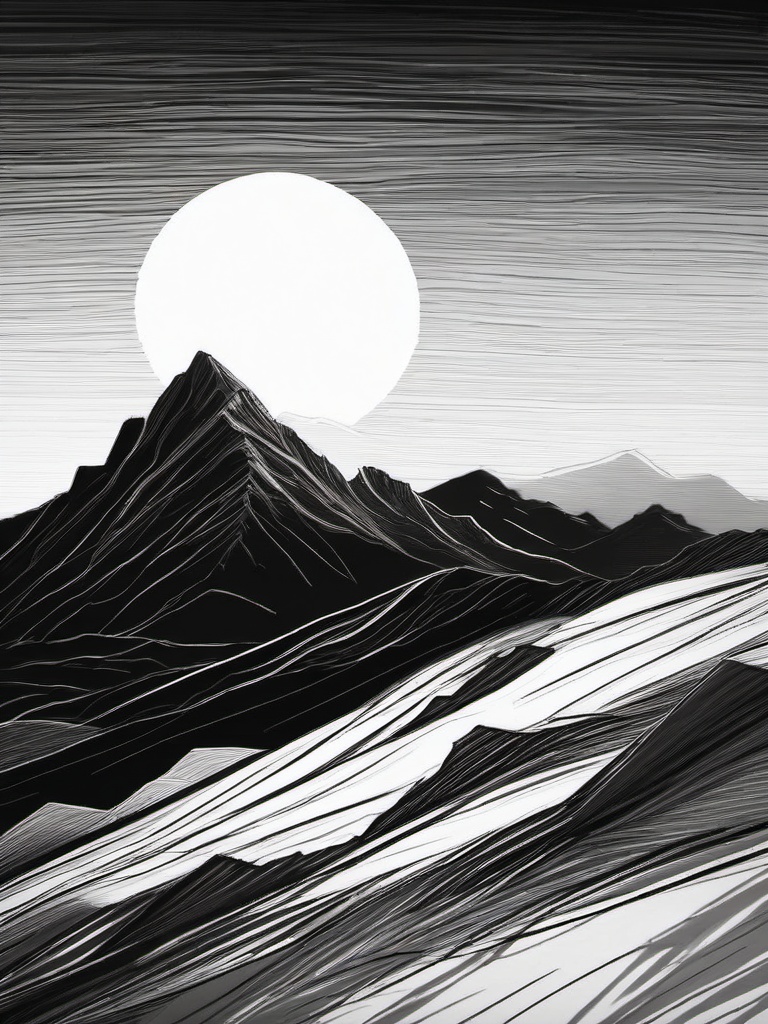 drawing of a mountain during sunset  minimal rough sketch scribbles,doodles,black and white