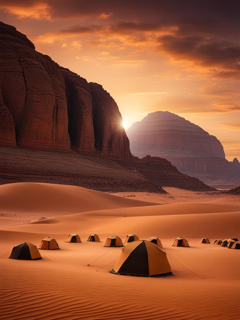 wadi rum, jordan - craft a scene featuring the desert landscapes of wadi rum, with bedouin tents and rock formations under the stars. 