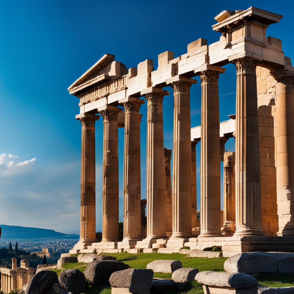 classical temples, with iconic columns, command attention on the ancient acropolis in rome, italy. 