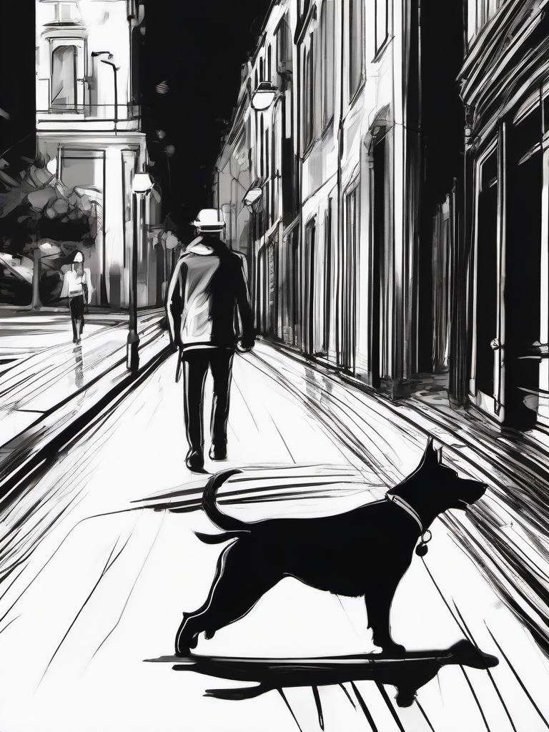 drawing of a person walking a dog  minimal rough sketch scribbles,doodles,black and white