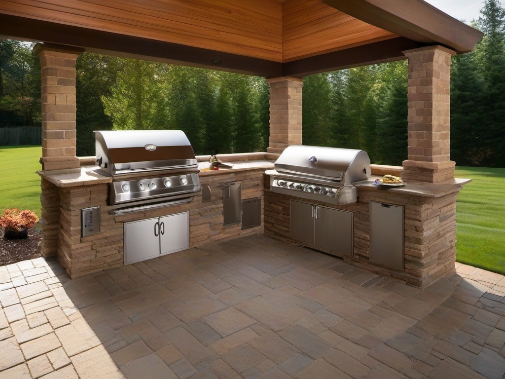 Traditional outdoor kitchen showcases classic brick or stone work, elegant fixtures, and comfortable seating, providing a timeless atmosphere for entertaining guests.  