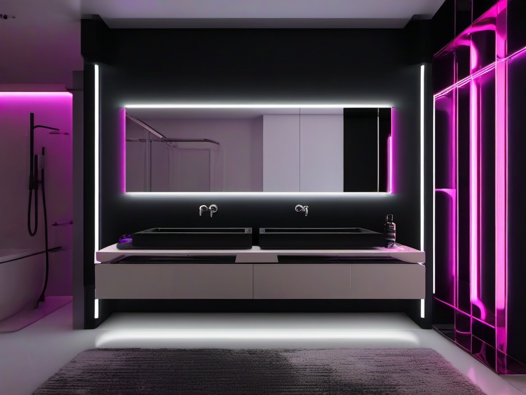 In the powder room, cyberpunk interior design includes sleek fixtures, neon accents, and bold decor that transform a small space into a stylish and modern experience.  