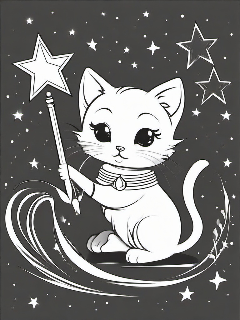 Kitty with a Star Wand Coloring Pages - Magical Kitten Holding a Wand  minimal black outline printable sheet, coloring page