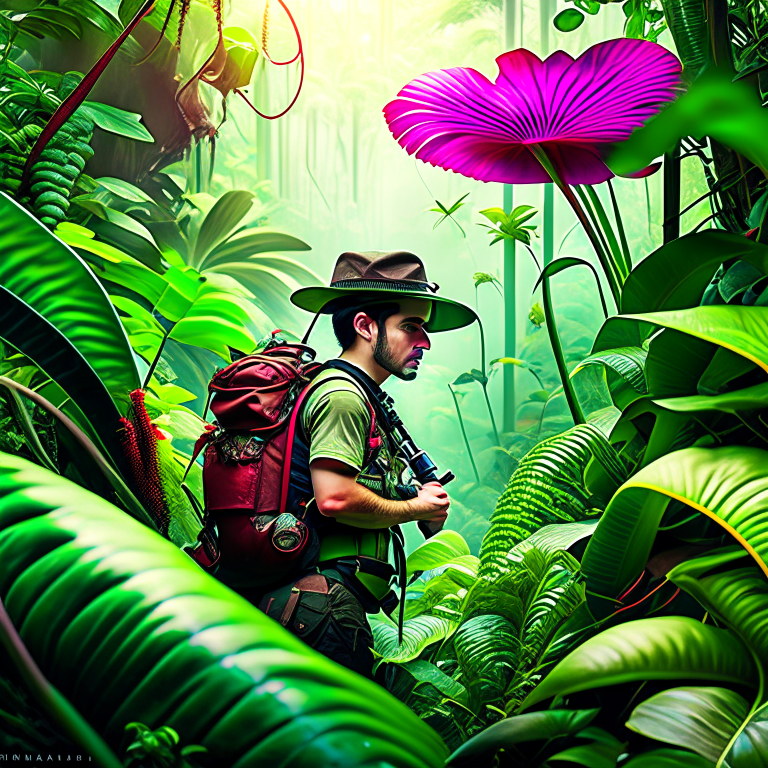 adventurous explorer surviving a deadly jungle filled with carnivorous plants. 