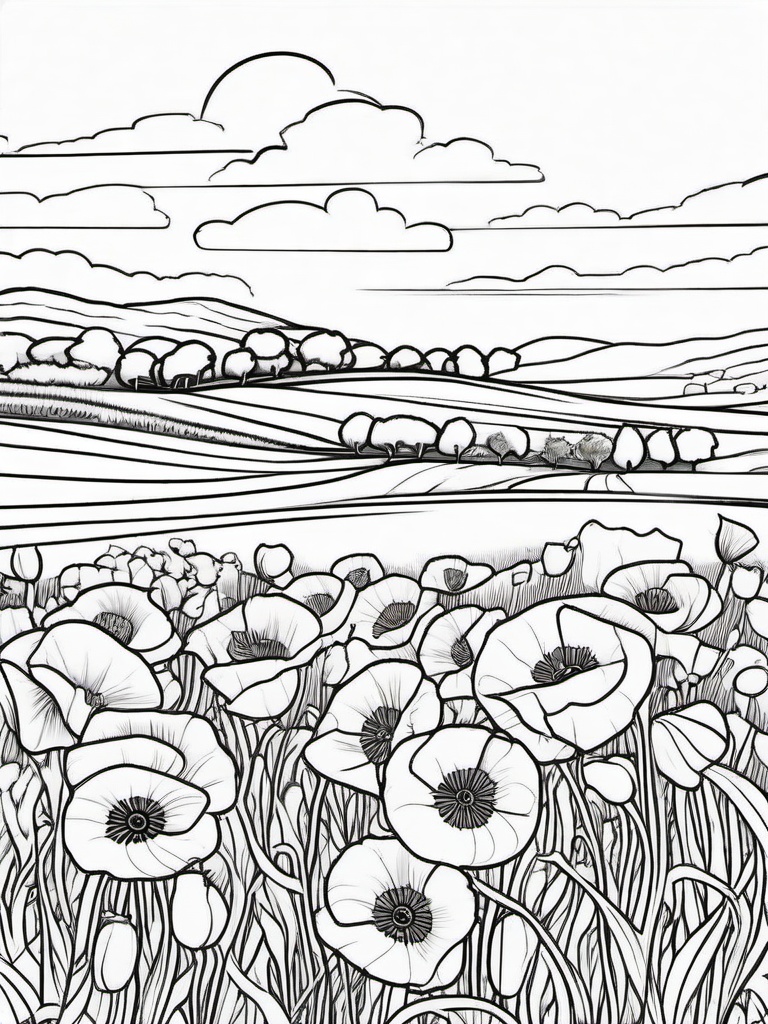 Poppy coloring page sheet - Red poppies dancing in the breeze across a sunny field.  black outline printable coloring page